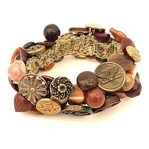 Vintage Stretch Cuff Bracelet Military Uniform Buttons Brown American USA